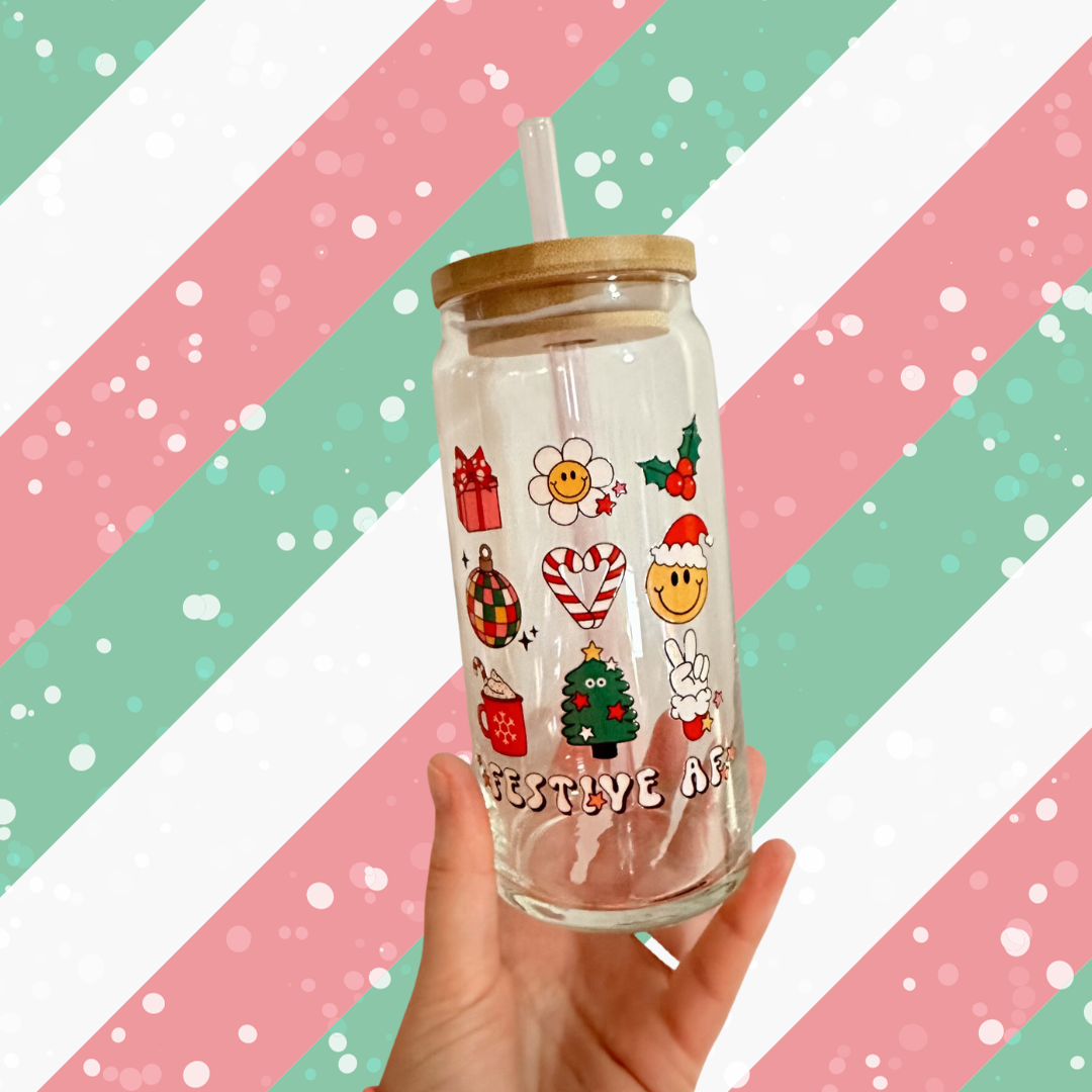 "FESTIVE AF" Doodle Glass Can Cup
