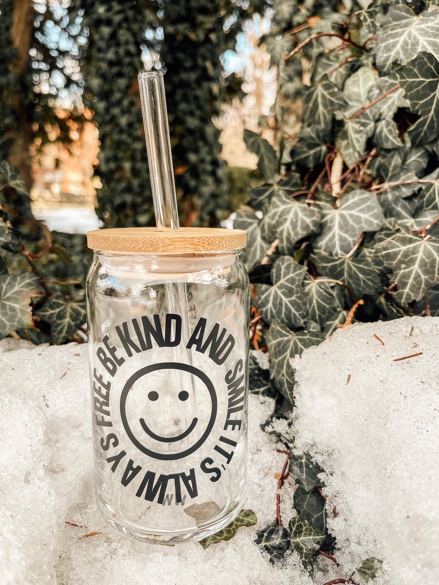 "Be Kind and Smile" Glass Can Cup
