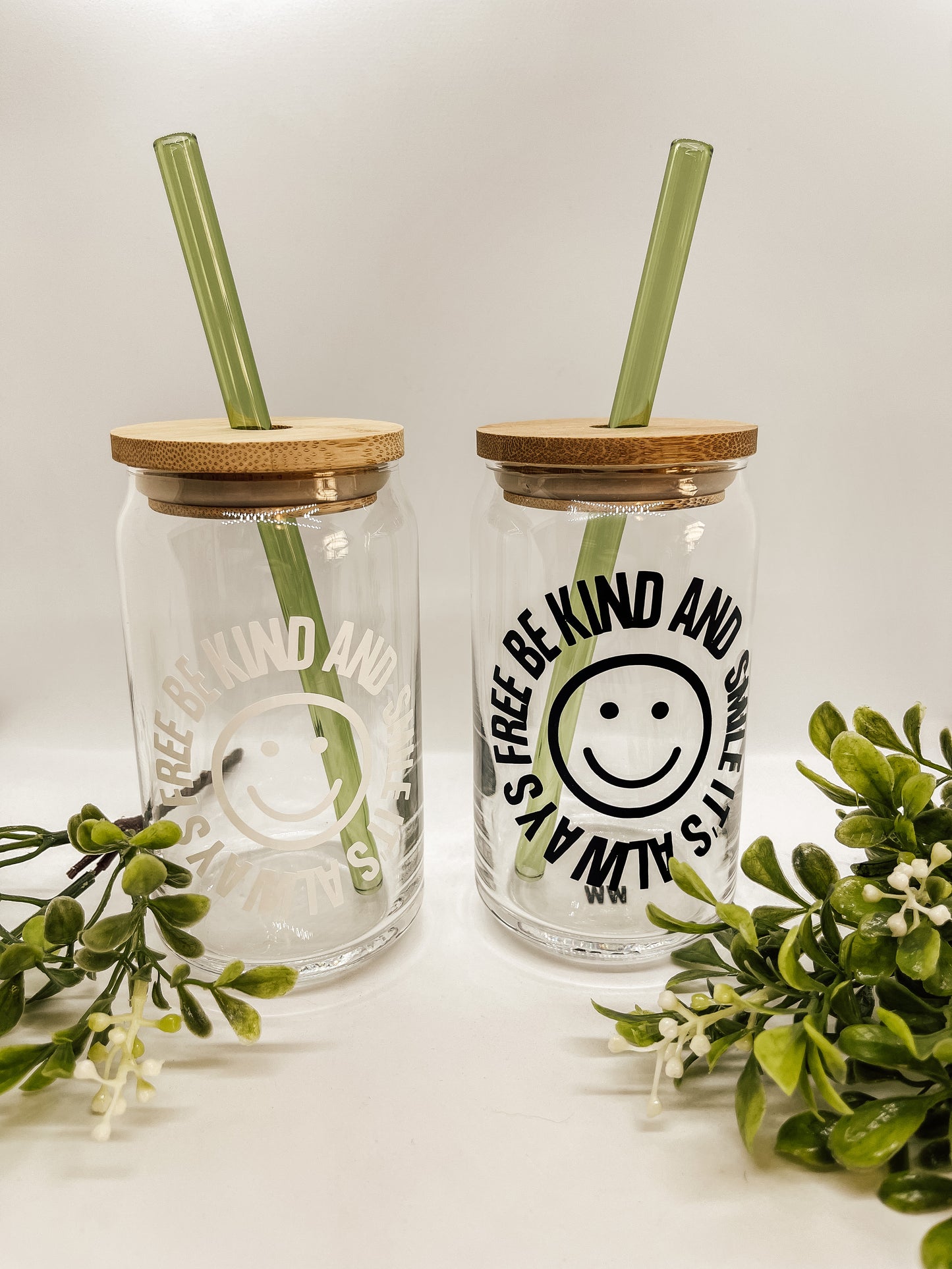 "Be Kind and Smile" Glass Can Cup