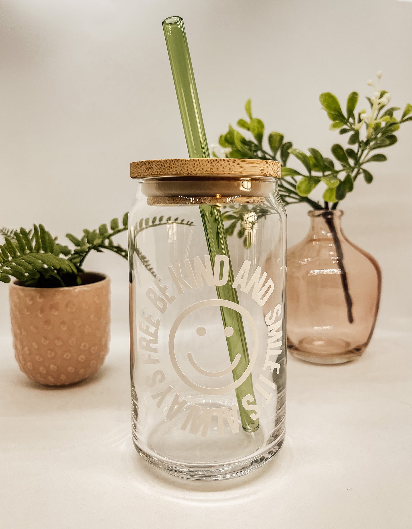 "Be Kind and Smile" Glass Can Cup