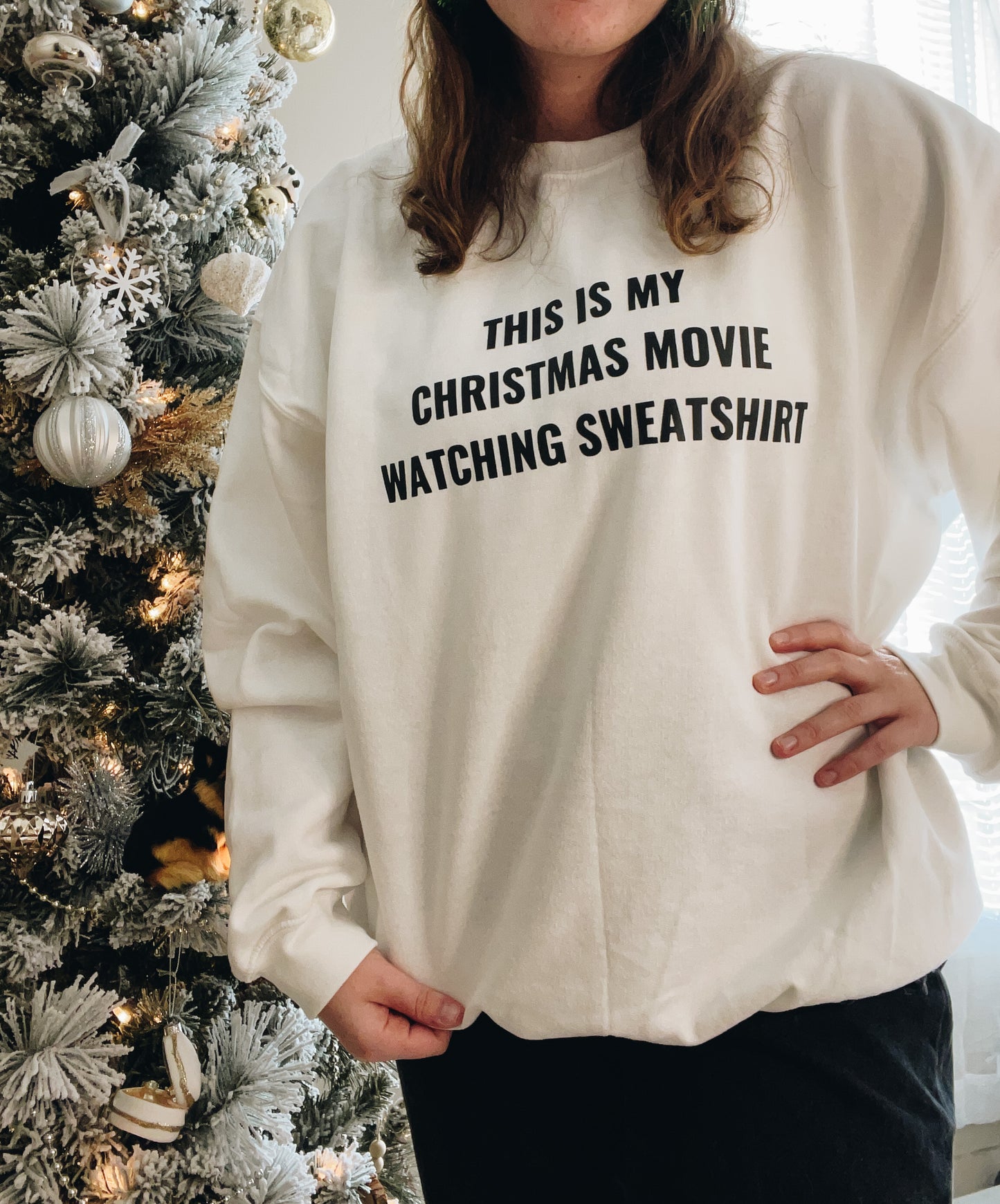 Christmas Movie Watching Sweatshirt White Crew Neck