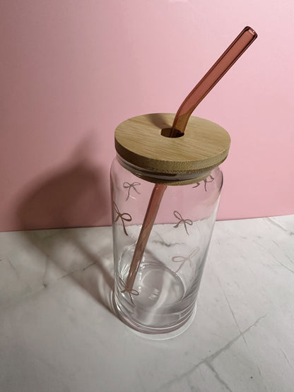 Pink Ribbon Bow Glass Can Cup