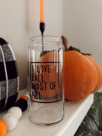 I Love Fall Glass Can Cup