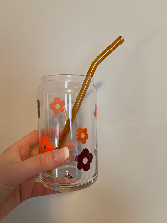 Retro Hand Drawn Flower Glass Can Cup