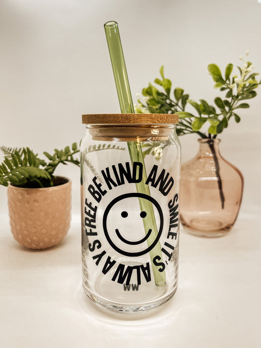 "Be Kind and Smile" Glass Can Cup
